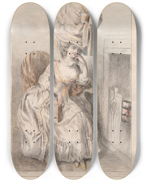 Triptych art skateboard deck of Elias Martin Young Woman By A Fire Reading A Book by Elias Martin (1739-1818)
