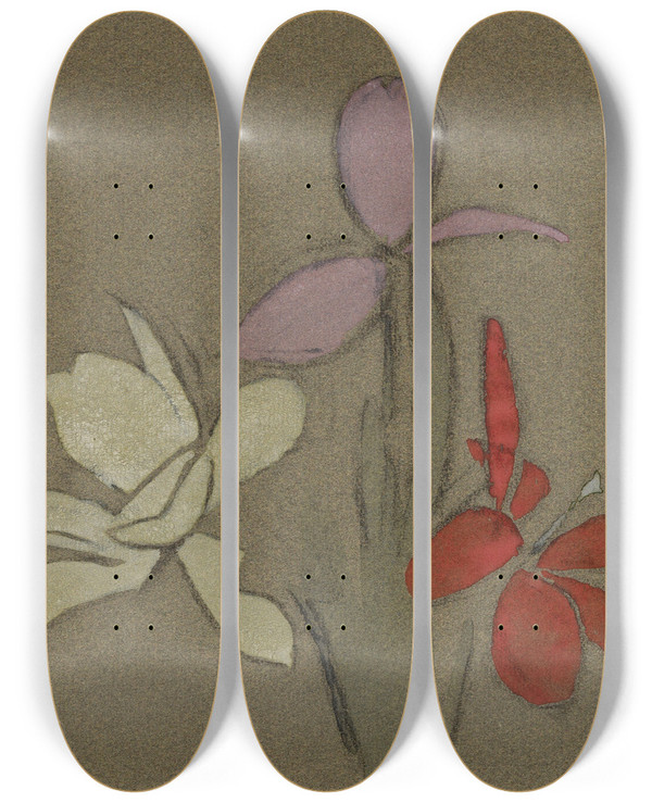Triptych art skateboard deck of Helene Schjerfbeck Small Lilies by Helene Schjerfbeck (1862-1946)