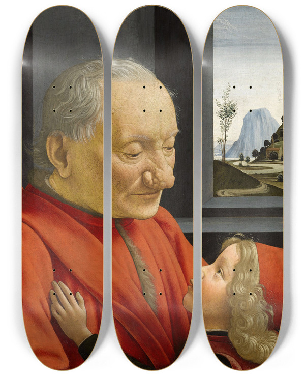 Triptych art skateboard deck of Domenico Ghirlandaio An Old Man And His Grandson by Domenico Ghirlandaio (1449-1494)