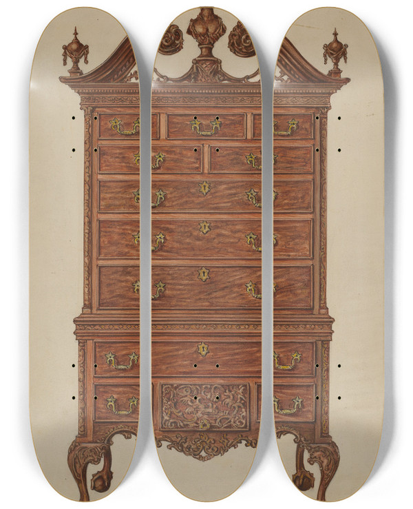 Triptych art skateboard deck of Isadore Goldberg Highboy_4 by Isadore Goldberg