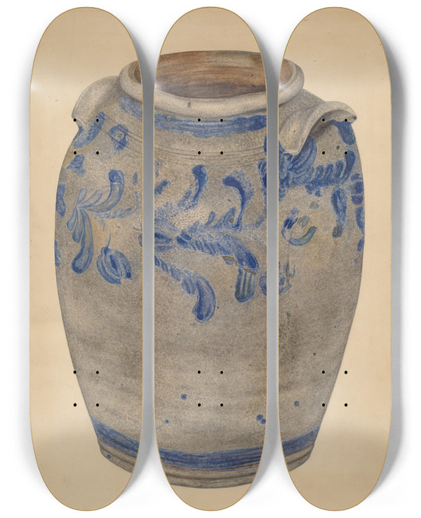 Triptych art skateboard deck of Mary Fitzgerald Stoneware Crock by Mary Fitzgerald