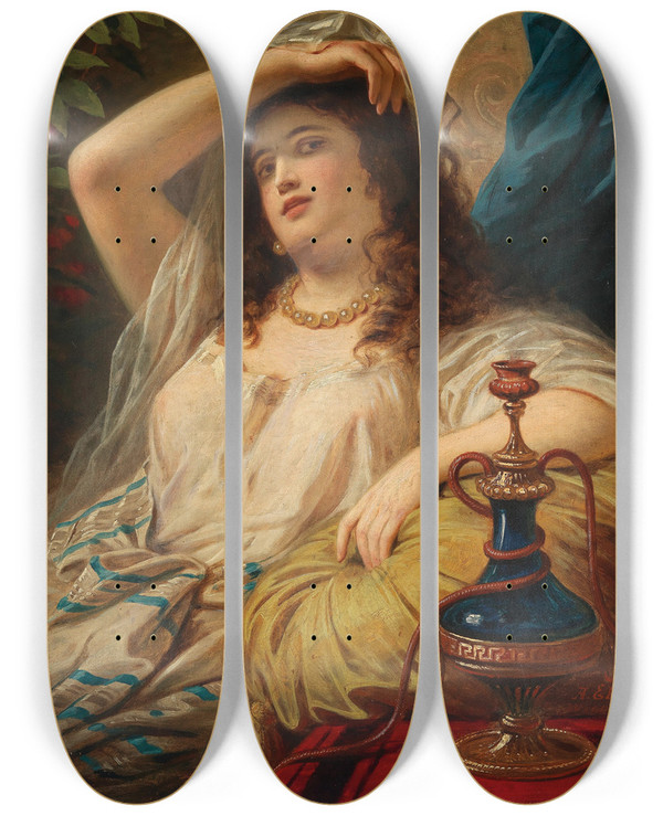 Triptych art skateboard deck of Anton Ebert An Odalisque With A Water Pipe by Anton Ebert (1845-1896)