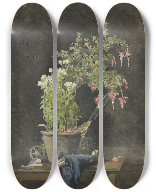 Triptych art skateboard deck of Henrijoseph Harpignies A Potted Fuchsia With Childrens Toys by Henri Joseph Harpignies (1819-1916)