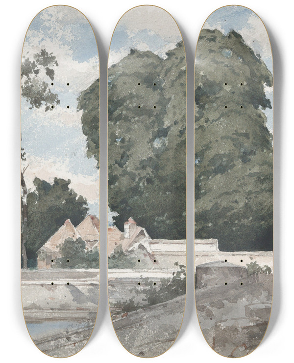 Triptych art skateboard deck of Henrijoseph Harpignies View From The Ramparts At Chartres by Henri Joseph Harpignies (1819-1916)