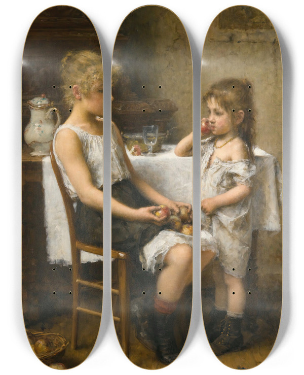 Triptych art skateboard deck of Alexei Harlamoff Choosing Apples by Alexei Harlamoff (1840-1925)
