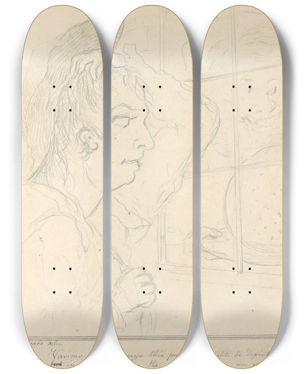 Triptych art skateboard deck of George Moutard Woodward Desire_2 by George Moutard Woodward (1765-1809)