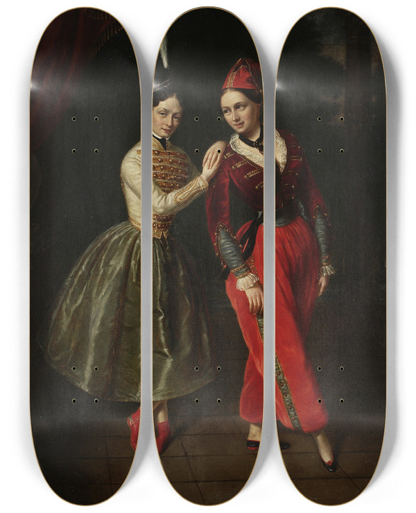 Triptych art skateboard deck of Ksawery Jan Kaniewski Portrait Of The Sisters Karolina And Anna Strauss Ballet Dancers From Teatr Wielki by Ksawery Jan Kaniewski (1805-1867)