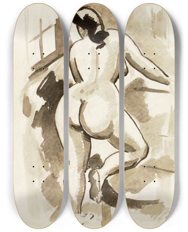 Triptych art skateboard deck of Carl Newman Back View Of Standing Female Nude by Carl Newman (1858-1932)