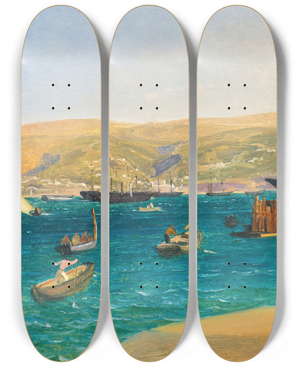 Triptych art skateboard deck of Thomas Ender The Harbour Trieste by Thomas Ender (1793-1875)