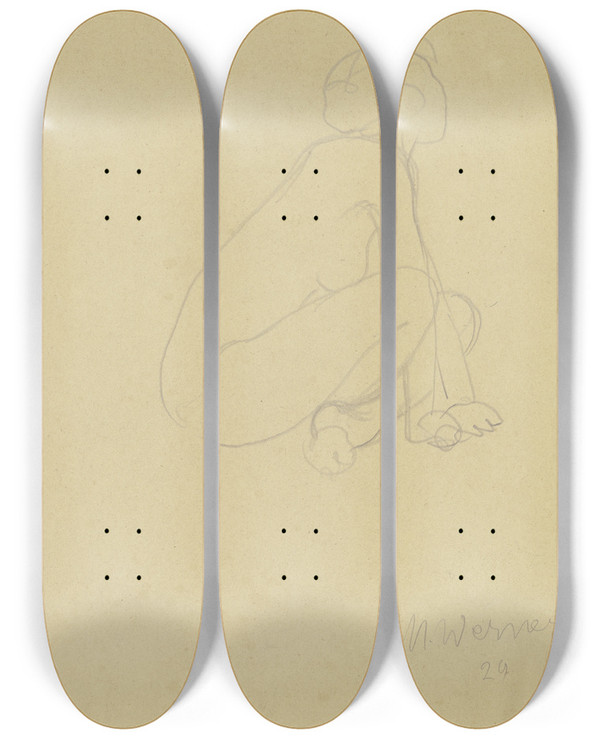 Triptych art skateboard deck of Richard Martin Werner Weiblicher Akt Am Boden Sitzend_1 by Richard Martin Werner (1903-1949)