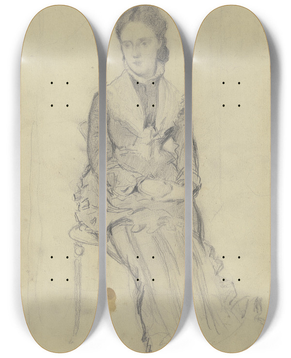 Triptych art skateboard deck of Otto Scholderer Sitzende Frau Mit Rschenkleid by Otto Scholderer (1834-1902)