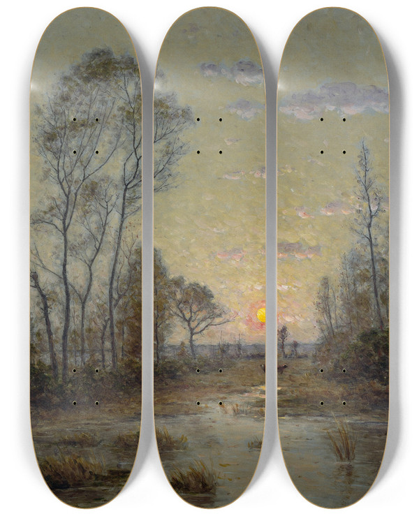 Triptych art skateboard deck of Per Ekstrm Two Cows In An Evening Landscape by Per Ekstrom (1844-1935)