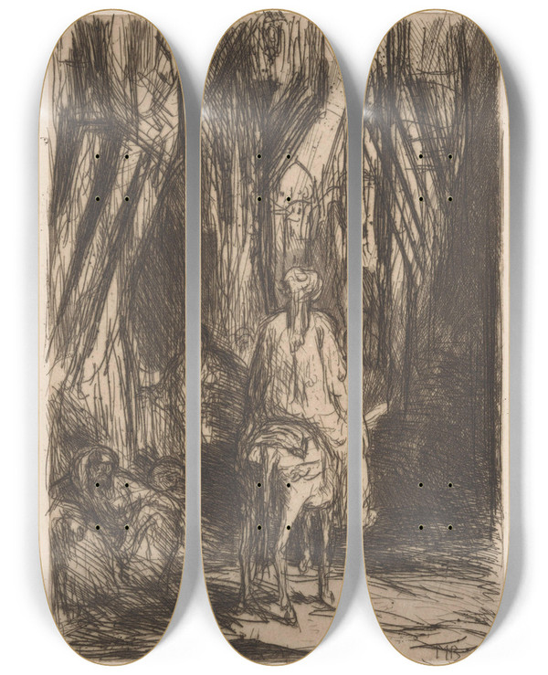 Triptych art skateboard deck of Marius Bauer Man Op Ezel In Smyrna by Marius Bauer (1867-1932)