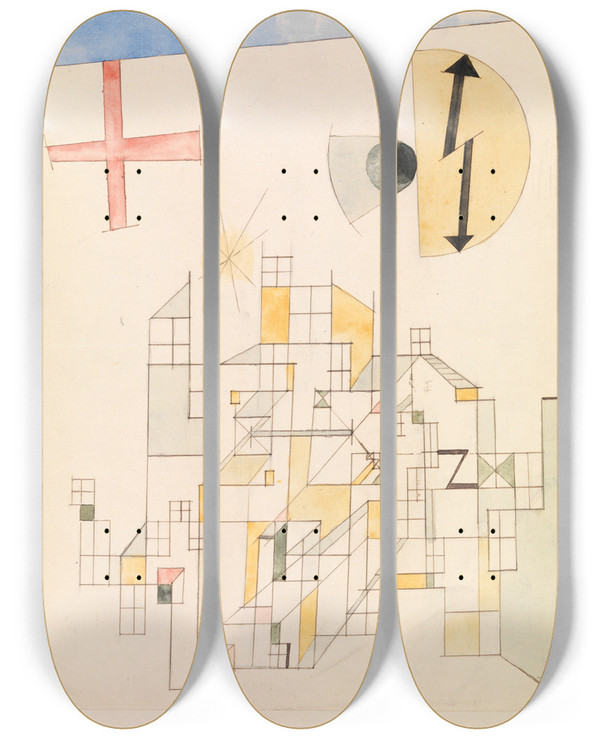 Triptych art skateboard deck of Paul Klee Haus Der Firma Z by Paul Klee (1879-1940)
