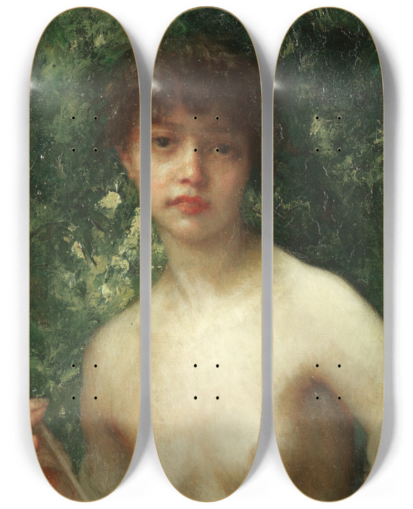 Triptych art skateboard deck of Ernest Hbert Jeune Chasseresse by Ernest Hebert (1817-1908)