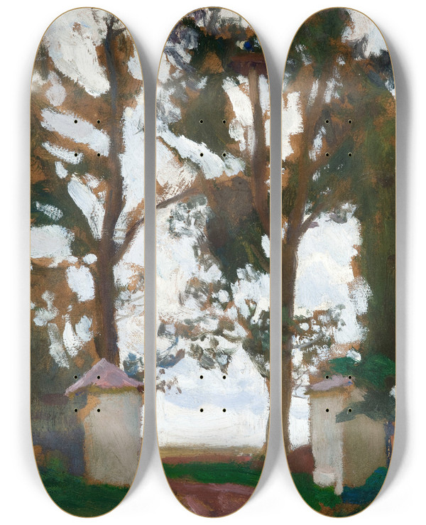 Triptych art skateboard deck of Jan Stanislawski Gate Among Trees by Jan Stanislawski (1860-1907)