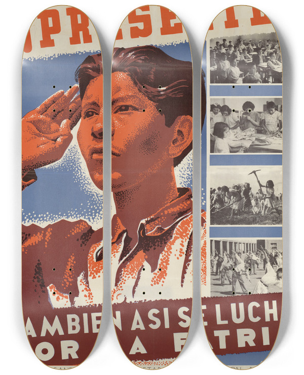 Triptych art skateboard deck of Julio Prieto Presente Tambien Asi Se Lucha Por La Patria by Julio Prieto (20-)