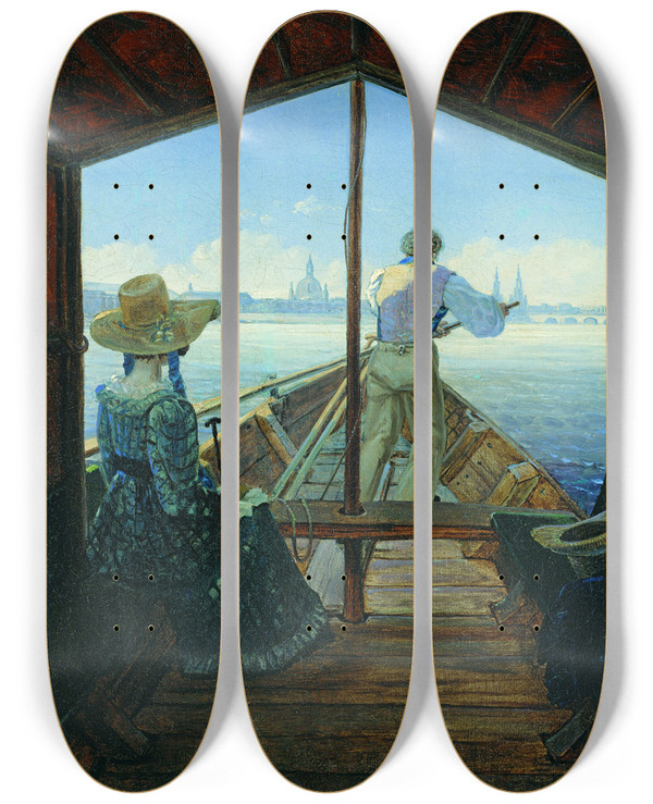 Triptych art skateboard deck of Carl Gustav Carus Barge Trip On The Elbe Near Dresden Morning On The Elbe by Carl Gustav Carus (1789-1869)