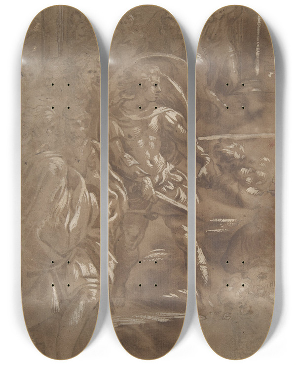 Triptych art skateboard deck of After Antonio Da Trento Left Third Of A Martyrdom Of Saint Peter And Saint Paul by After Antonio Da Trento (1508-1550)