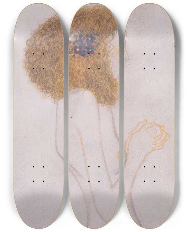 Triptych art skateboard deck of Gustav Klimt Die Leiden Der Schwachen Menschen by Gustav Klimt (1862-1918)