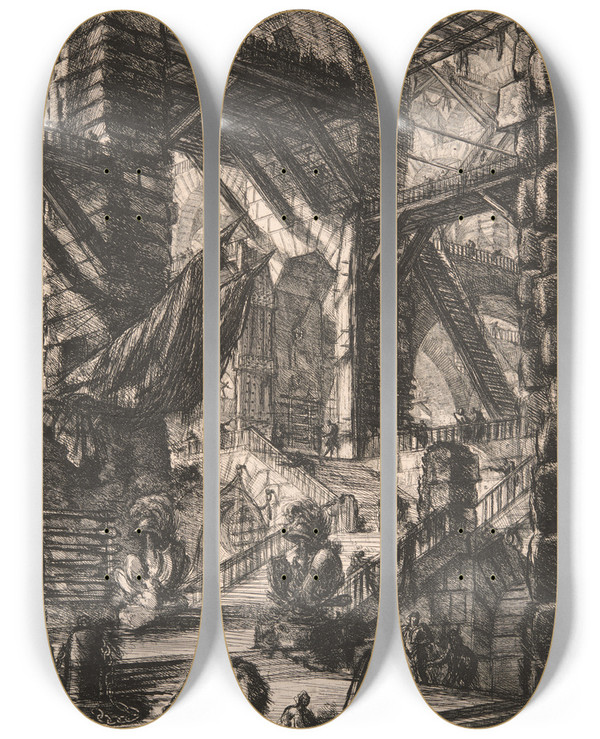 Triptych art skateboard deck of Giovanni Battista Piranesi The Staircase With Trophies by Giovanni Battista Piranesi (1720-1778)