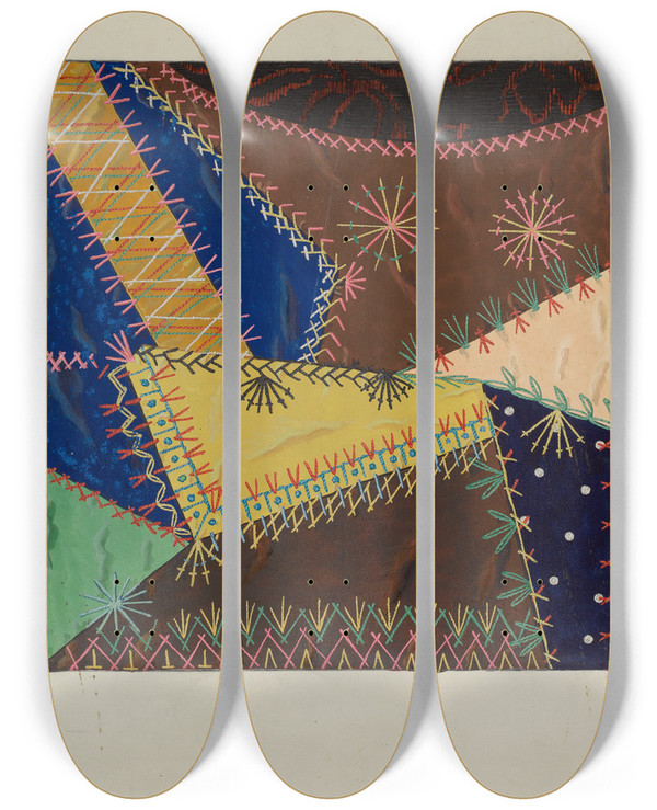 Triptych art skateboard deck of Ruth M Barnes Crazy Quilt by Ruth M Barnes