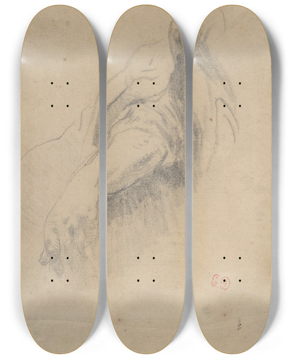 Triptych art skateboard deck of Eugne Delacroix Study Of A Left Arm And Hand by Eugene Delacroix (1798-1863)