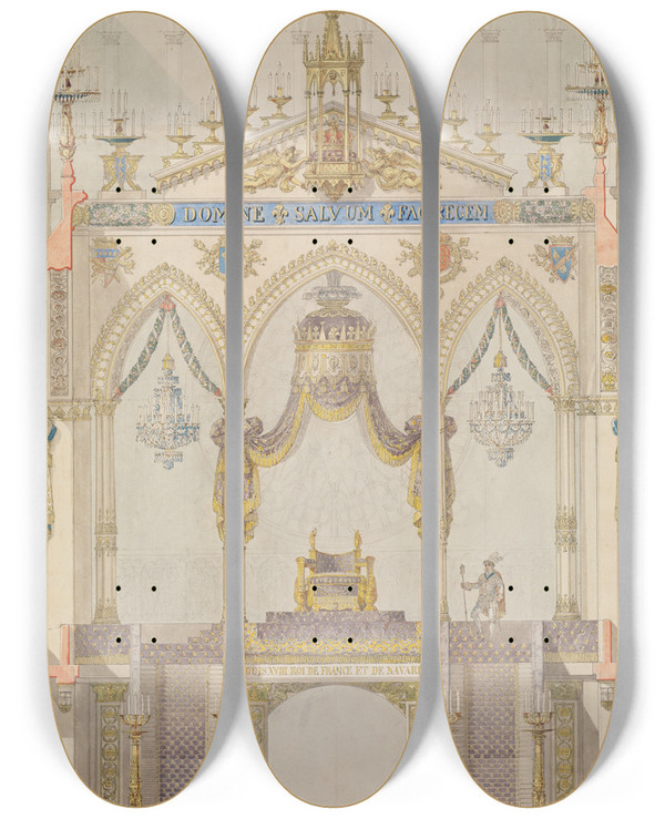 Triptych art skateboard deck of Charles Percier Interior Elevation Of Reims Cathedral With The Rood Screen And Throne For The Coronation Of King Louis Xviii by Charles Percier (1764-1838)