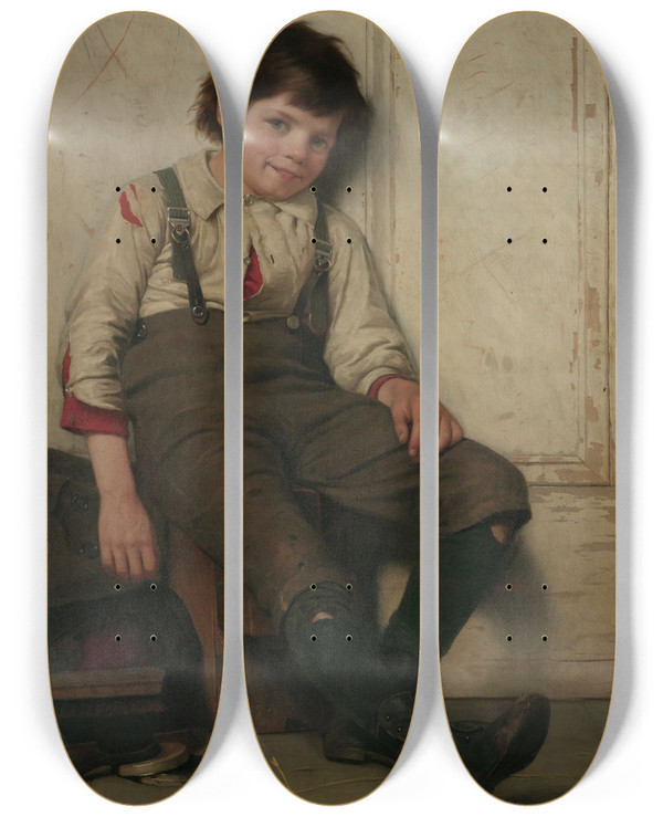 Triptych art skateboard deck of John George Brown Lazy Bones by John George Brown (1831-1913)