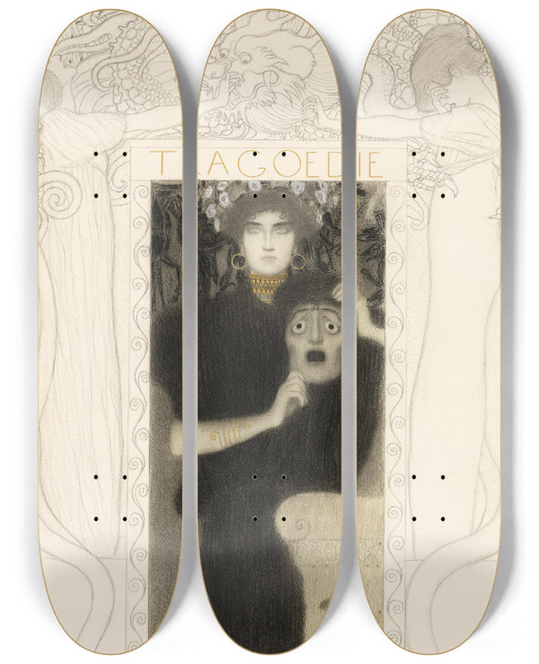 Triptych art skateboard deck of Gustav Klimt Tragdie by Gustav Klimt (1862-1918)