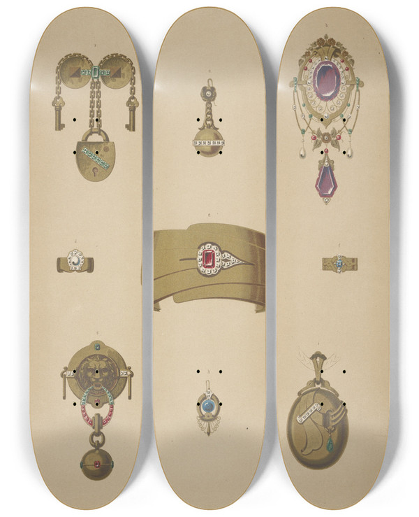 Triptych art skateboard deck of Martin Gerlach Nine Designs For Jewelry Including Gold Bracelet With Red Stone by Martin Gerlach (1846-1918)