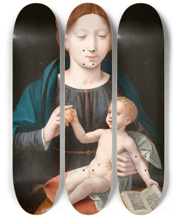 Triptych art skateboard deck of Master Of The Female Halflengths The Virgin And Child With An Apple And An Open Book by Master Of The Female Half Lengths (1520-1550)