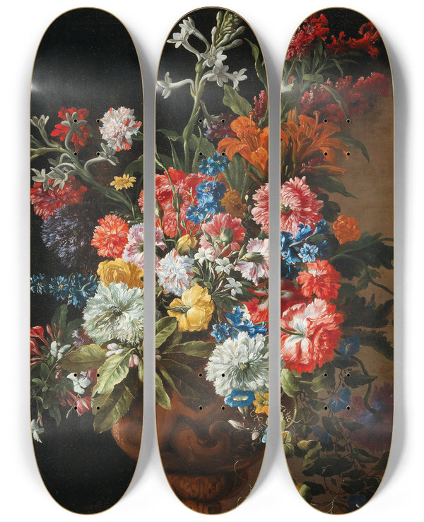 Triptych art skateboard deck of Abraham Brueghel Carnations Lillies Nigellas And Other Flowers In A Decorative Terracotta Vase On A Stone Ledge by Abraham Brueghel (1631-1697)