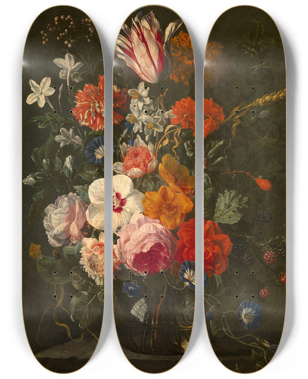 Triptych art skateboard deck of Abraham Mignon Flowers In A Vase by Abraham Mignon (1640-1679)