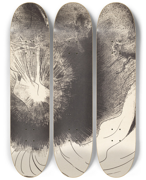 Triptych art skateboard deck of Odilon Redon Et Il Tombe Du Ciel Une Grande Etoile Ardente And There Fell A Great Star From Heaven Burning As It Were A Lamp by Odilon Redon (1840-1916)