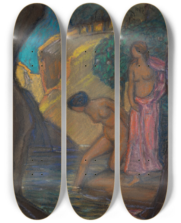 Triptych art skateboard deck of Ludwig Von Hofmann Grotte Mit Badenden Frauen by Ludwig Von Hofmann (1861-1945)