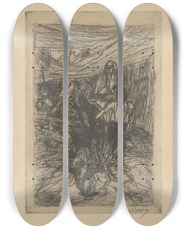 Triptych art skateboard deck of Marius Bauer Vrouw Op Een Ezel by Marius Bauer (1867-1932)