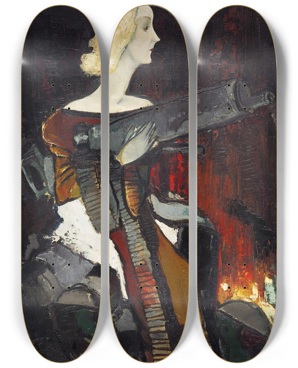 Triptych art skateboard deck of Krlis Padegs Madonna With A Machine Gun by Karlis Padegs (1911-1940)