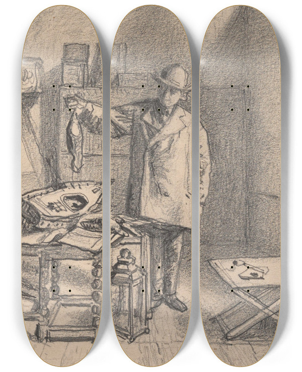 Triptych art skateboard deck of Henri De Braekeleer The Man With The Exotic Birds by Henri de Braekeleer (1840-1888)