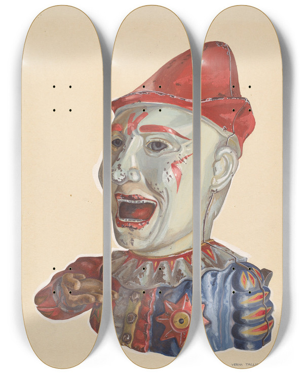 Triptych art skateboard deck of Verna Tallman Toy Bank Humpty Dumpty by Verna Tallman