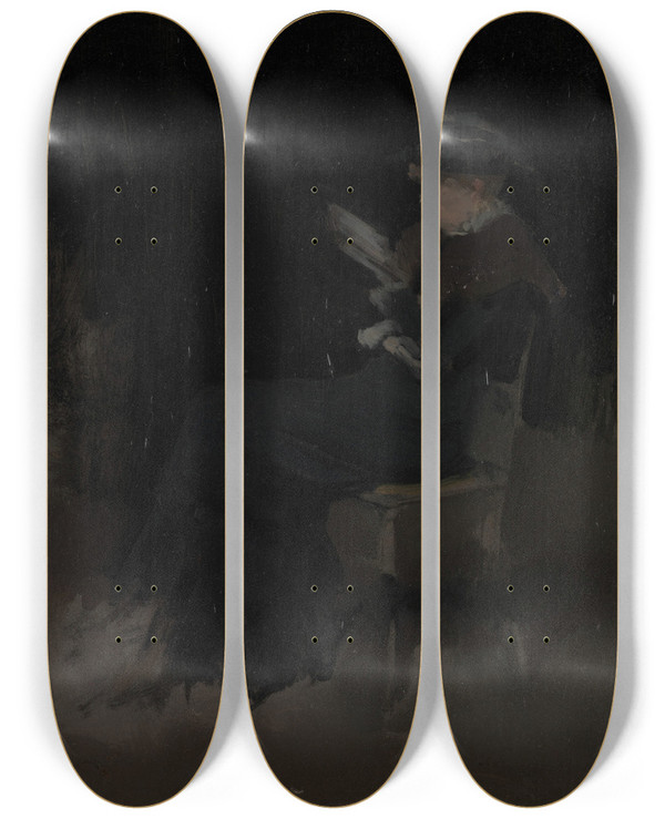 Triptych art skateboard deck of James Abbott Mcneill Whistler Arrangement In Black Girl Reading by James Abbott Mcneill Whistler (1834-1903)
