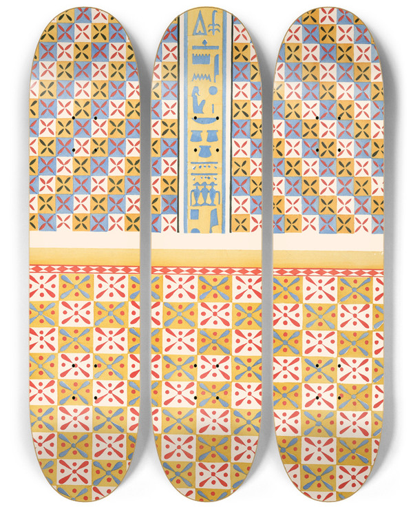 Triptych art skateboard deck of Gustave Jquier 13 Plafond Du Tombeau Danna N 81 14 Plafond Du Tombeau De Menkheper N 79 by Gustave Jequier (1868-1946)