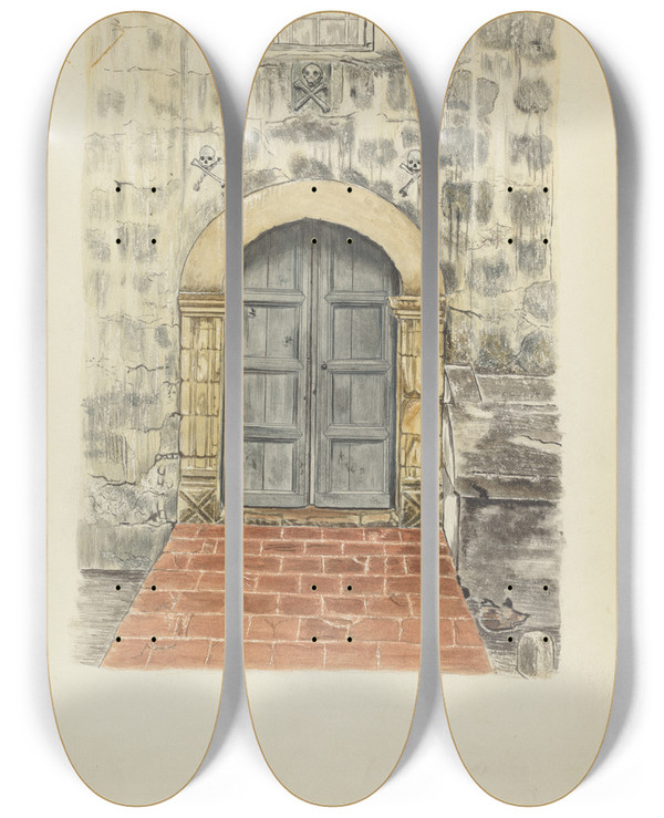 Triptych art skateboard deck of Albert Pratt Doorway And Doors by Albert Pratt