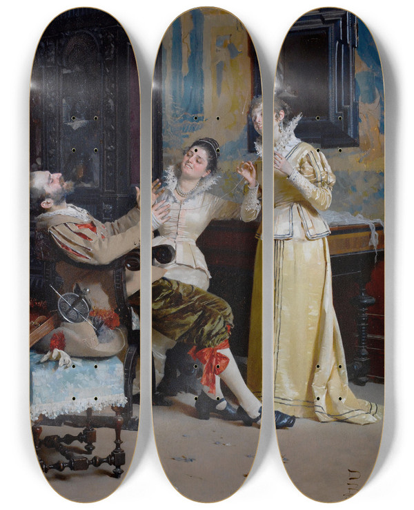 Triptych art skateboard deck of Giovanni Paolo Bedini Winding The Skein by Giovanni Paolo Bedini (1844-1924)