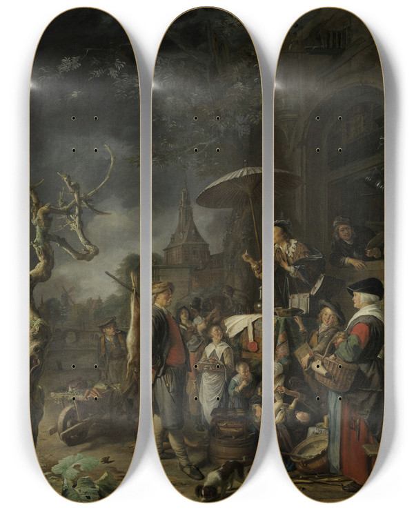 Triptych art skateboard deck of Gerrit Dou The Quack by Gerrit Dou (1613-1675)