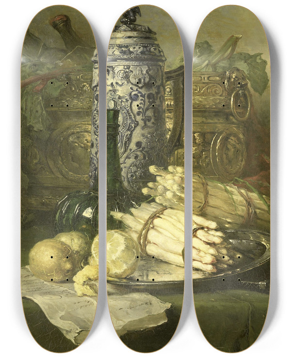 Triptych art skateboard deck of Maria Vos Stilleven Met Kan Van Steengoed by Maria Vos (1824-1906)