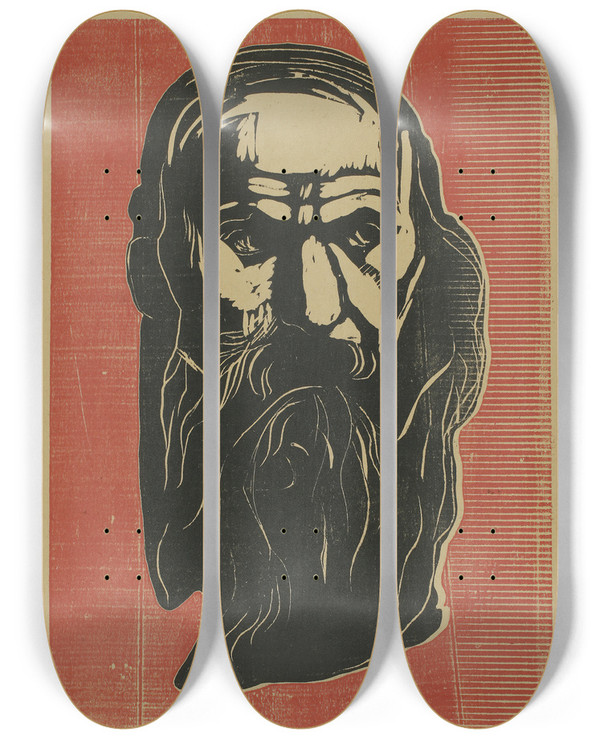 Triptych art skateboard deck of Edvard Munch Head Of An Old Man With Beard by Edvard Munch (1863-1944)