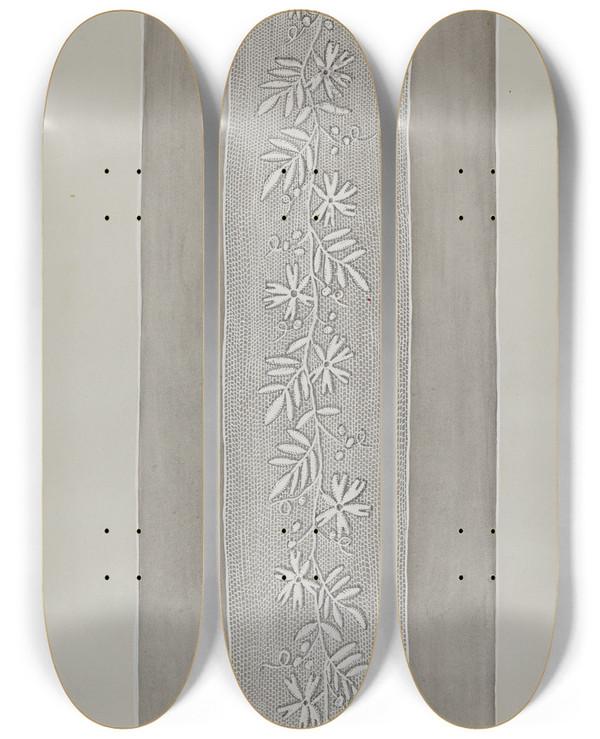 Triptych art skateboard deck of Gordena Jackson Embroidered Panel For Sleeve by Gordena Jackson