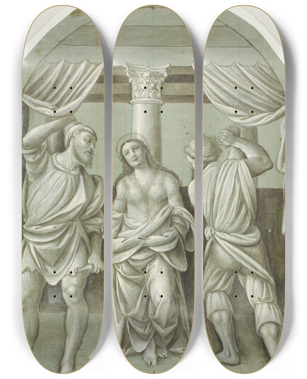 Triptych art skateboard deck of Bernardino Lanino Flagellation Of Saint Catherine by Bernardino Lanino (1512-1582)
