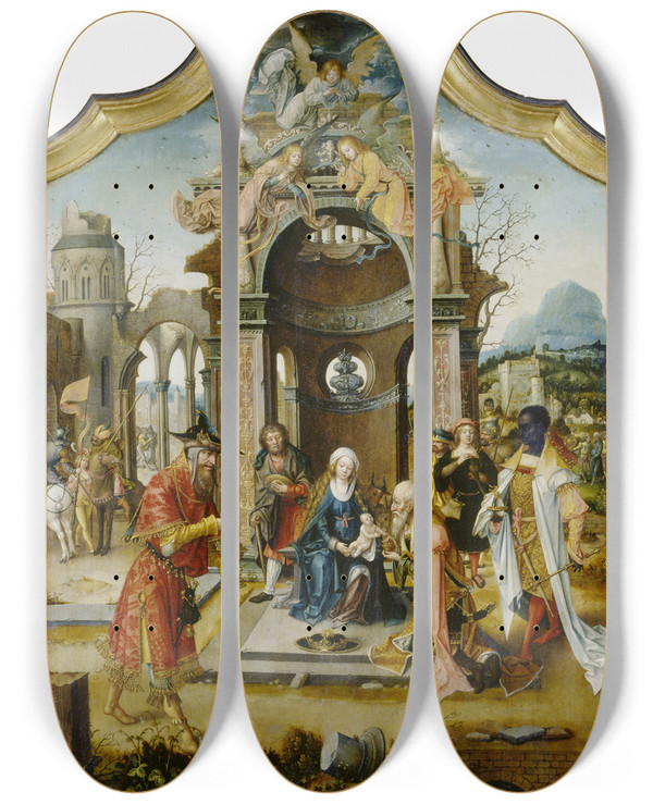 Triptych art skateboard deck of Master Of The Von Groote Adoration The Adoration Of The Magi by Master Of The Von Groote Adoration (1510-1520)